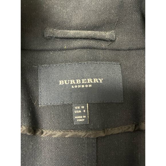 BURBERRY LONDON Blue Navy Collared Brown Leather Belted Jacket Blazer US 8 - Picture 4 of 5